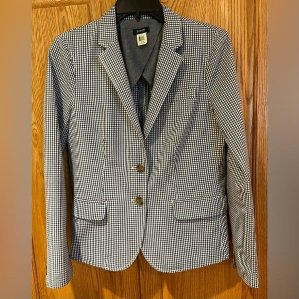 J. Crew Blue and White Gingham Checkered Two-Button Cotton‎ Blazer Jacket Size 4